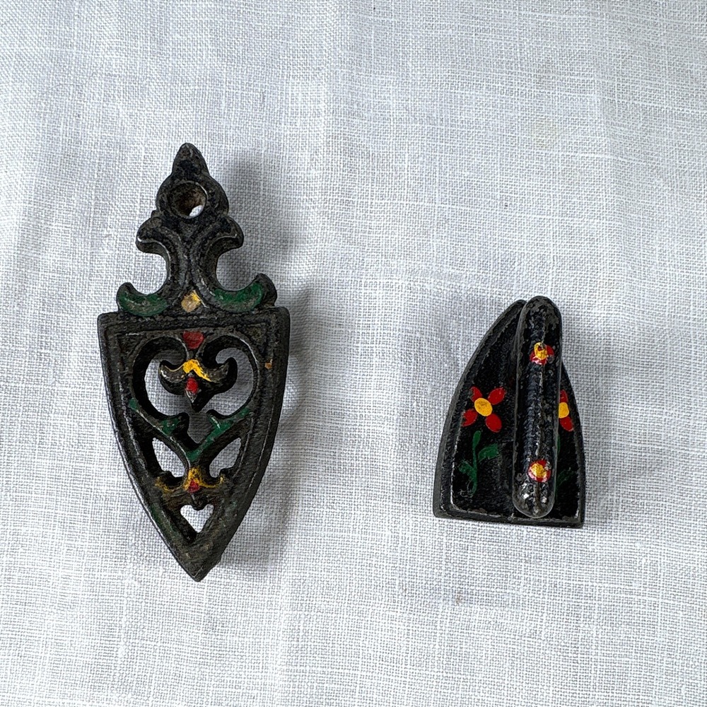 Vintage Miniature Cast Iron Sad Iron and Trivet Set Hand Painted Floral Black
